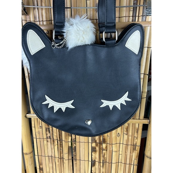 Cute Cat Face Vegan Leather Tote Bag Purse With White Pom Poms - Picture 3 of 14